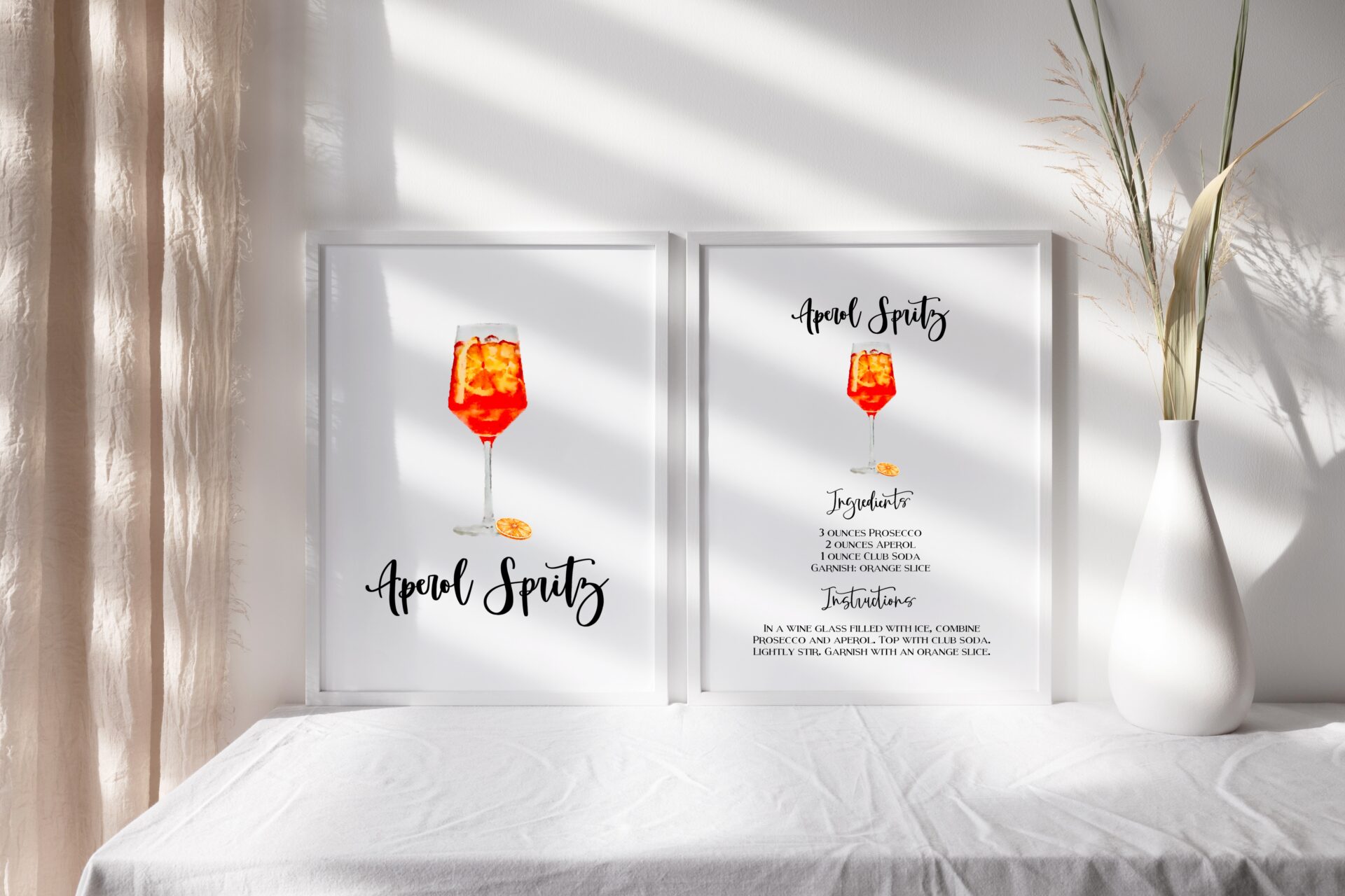 Hand Lettered Classic Cocktail Print of Aperol Spritz with Digital Watercolor Drink Picture and Recipe