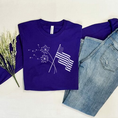 Bella Canvas 3501 Long sleeve tee in Team Purple featuring 2 crossed dandelions with a flag for Month of the Military Child
