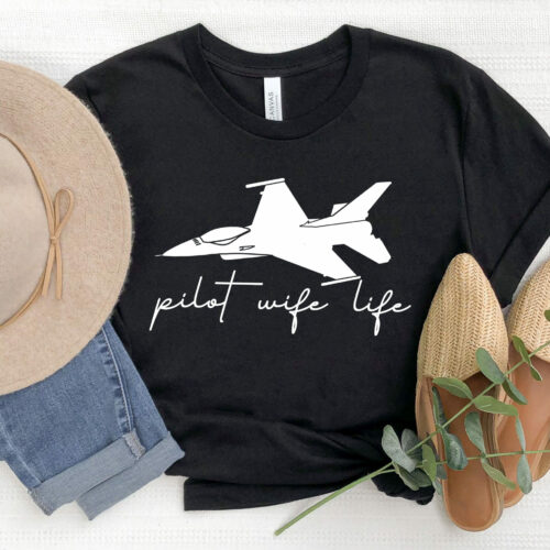 black t shirt with side view of F16 and words "pilot wife life"